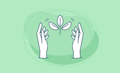 Sustainable ecologic environment concept. Hand holding plant. Linear vector illustration.