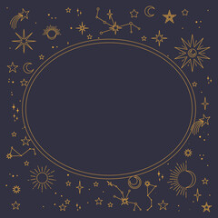Astral celestial frame with stars, hands, sun, moon phases, and copy space. Mystic design. Ornate magical banner with a place for text. Linear geometric border
