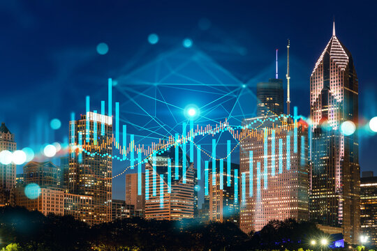 Skyscrapers Cityscape Downtown View, Chicago Skyline Buildings. Beautiful Real Estate. Night time. Forex Financial graph and chart hologram. Business education concept.