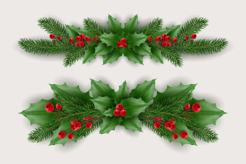 Christmas garland of tree branches, red berries. Realistic looking Christmas tree branches decorated with berries and leaves