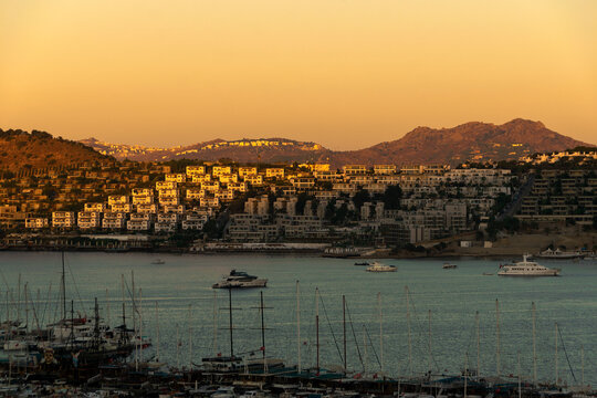 Beautiful morning landscape with sunrise in the Gulf of Gumbet of the city of Bodrum.