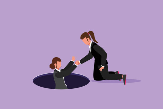 Character Flat Drawing Competitive Businesswoman Helping Her Friend By Take Her Out From Hole. Two Women One Of Whom Helps Another. Business Struggle And Teamwork. Cartoon Design Vector Illustration