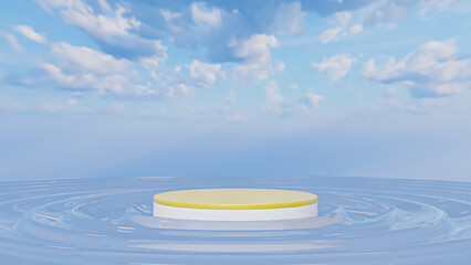 Mockup 3d Podium with cloud and water. Geometric shape. cosmetic concept. Abstract background. 3d render illustration