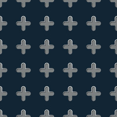 Fototapeta premium 3D texture seamless pattern. Grey plus sign repeat on black background. Cross shapes design. Vector illustration.