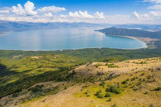 Aerial view of Ohrid-Prespa Transboundary Biosphere Reserve in National Park Galicica in North Macedonia of hill above Prespa lake