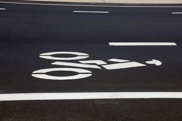 View of a white bike lane marking on the road. 