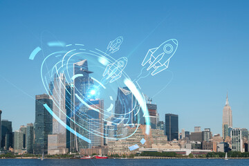 New York City skyline from New Jersey over the Hudson River towards the Hudson Yards at day. Manhattan, Midtown. Startup company, launch project to seek and develop scalable business model, hologram
