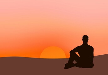 Fototapeta na wymiar Lonely melancholic man silhouette sitting and watching sunset. Empty blank copy space area for business career life advertising or ad texts.