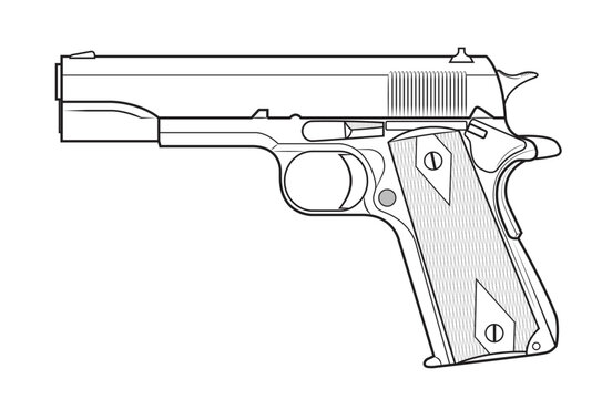 Vector illustration of the Colt 1911 automatic pistol with diamonds on the facings on the white background. Left side.