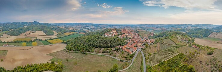 Panoramic drone picture of Castello Cereseto in Piedmont in the evening