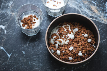 Bowl of chocolate granola served with addition of yogurt, elevated view on a black marble background