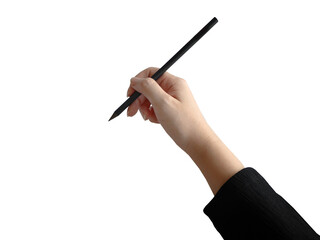 Isolated female hand holding black pencil writing, for presentation element
