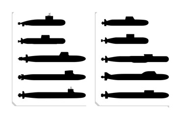 Submarine black silhouette set. Submarine black shapes. Navy submarines