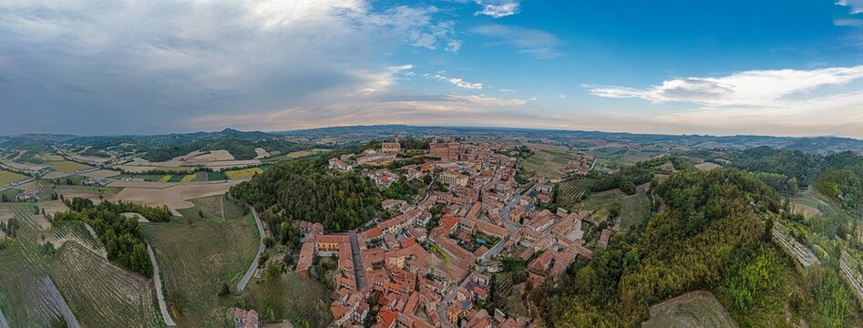 Panoramic drone picture of Castello Cereseto in Piedmont in the evening
