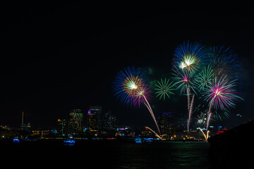 A night sky with fireworks exploding over a city skyline. The fireworks are in various colors, including blue, green, and pink. The city skyline is lit up with lights.