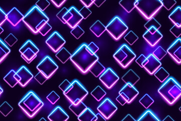 Fototapeta premium Purple and blue floating neon diamonds seamless pattern. Glowing blacklight. Futuristic led frames abstract background. Night party energy backdrop. Mobile screens motion