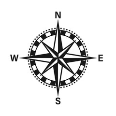 Vintage marine wind rose, nautical chart. Monochrome navigational compass with cardinal directions of North, East, South, West. Geographical position, cartography and navigation. Vector illustration.
