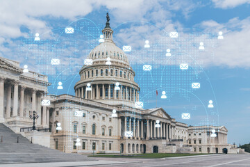 Fototapeta na wymiar Capitol dome building exterior, Washington DC, USA. Home of Congress and Capitol Hill. American political system. Social media hologram. Concept of networking and establishing new people connections