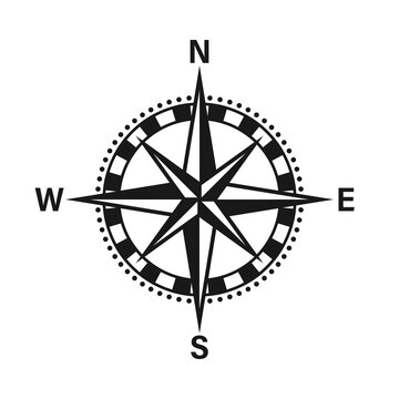 Vintage marine wind rose, nautical chart. Monochrome navigational compass with cardinal directions of North, East, South, West. Geographical position, cartography and navigation. Vector illustration.