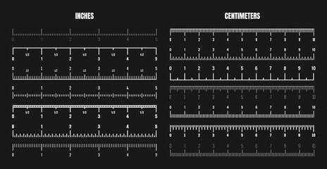 Realistic white centimeter and inch scale for measuring length or height. Various measurement scales with divisions. Ruler, tape measure marks, size indicators. Vector illustration