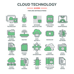 Cloud computing and internet technology, database remote access. Web hosting, online services data protection. Information security, data sharing and backup. Thin line icons set. Vector illustration