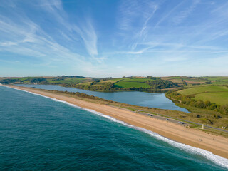 An aerial view of the magnificent beach at Slapton Sands in Devon, UK