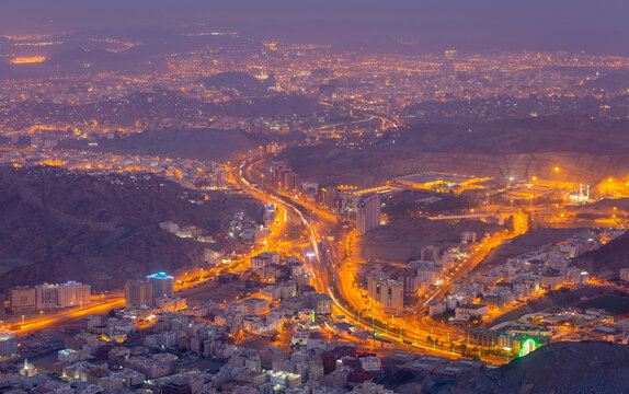 Aerial Shot Of Mecca Streets At Midnight