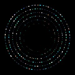 Bright glare circle lines pattern on black background isolated. Disco style glittering round template.