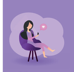 flat illustration, girl sitting holding cellphone, 
tons of purples