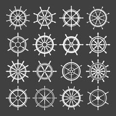 Collection of white vintage steering wheels. Ship, yacht retro wheel symbol. Nautical rudder icon. Marine design element. Vector illustration