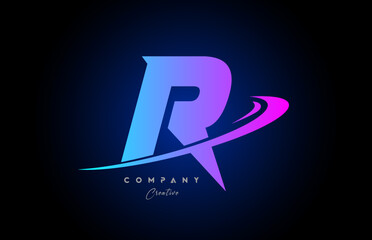 R pink blue alphabet letter logo icon design with swoosh. Creative template for company and business