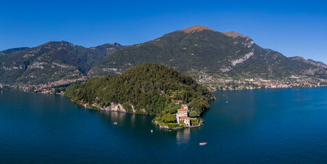 Aerial view of the Villa del Balbianello on the Lake Como