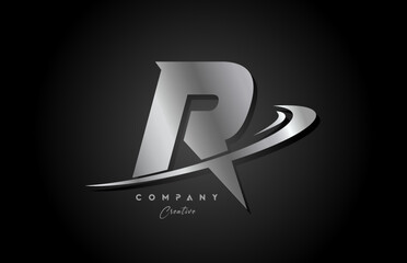 R silver metal grey alphabet letter logo icon design with swoosh. Creative template for company and business