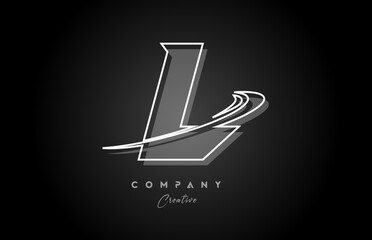 black and white L line alphabet letter logo icon design with swoosh and shadow. Creative template for business and company