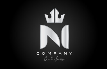 silver grey N alphabet letter logo icon design. Creative crown king template for company and business