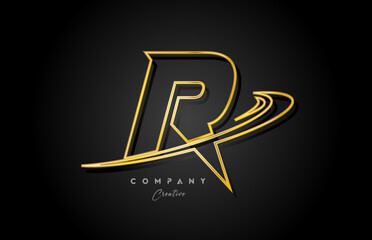 gold R alphabet letter logo icon design with golden swoosh. Creative template for company and business