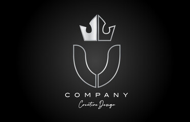 V metal alphabet letter logo icon design. Silver grey creative crown king template for business and company