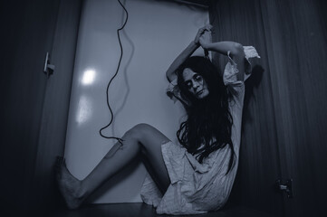 Portrait of asian woman make up ghost,Scary horror scene for background,Halloween festival...