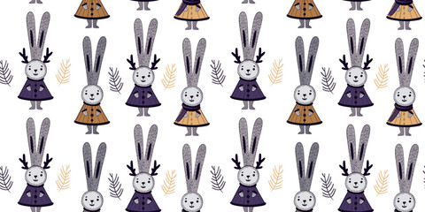 Cute Christmas bunnies. Seamless pattern with rabbits on a white background in doodle style. Character hare with deer antlers. Winter print.