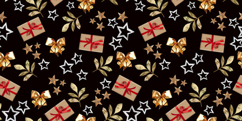 Christmas and New Year vector seamless pattern with holiday attributes