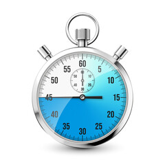 Realistic classic stopwatch icon. Shiny metal chronometer, time counter with dial. Blue countdown timer showing minutes and seconds. Time measurement for sport, start and finish. Vector illustration