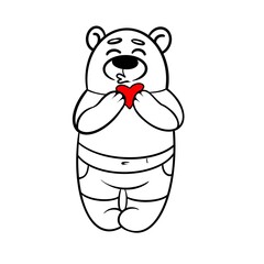 Bear with a red heart black outline coloring