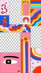 Obraz premium 00s template for social media.transparent frame.1970 psychedelic christmas poster.Acid, trippy art placard.90s and 2000s new year postcard.2000s template for stories.Groove and funky collage 