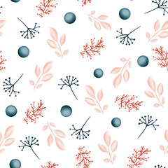 Vegetable seamless pattern. Winter plants. Red berries, beige branches, snowballs, blue bushes.