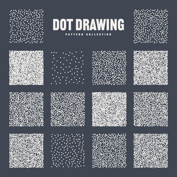 Square Shaped Dotted Objects, Stipple Elements. Stippling, Dotwork Drawing, Shading Using Dots. Pixel Disintegration, Halftone Effect. White Noise Grainy Texture, Pattern. Vector Illustration