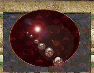 Abstract art outer space red crystals, gold orbs  depth design striking  mysterious 