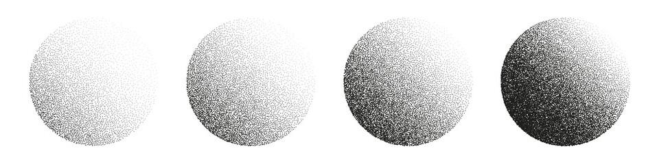 Round shaped dotted objects, stipple elements. Fading gradient. Stippling, dotwork drawing, shading using dots. Pixel disintegration, halftone effect. White noise grainy texture. Vector illustration