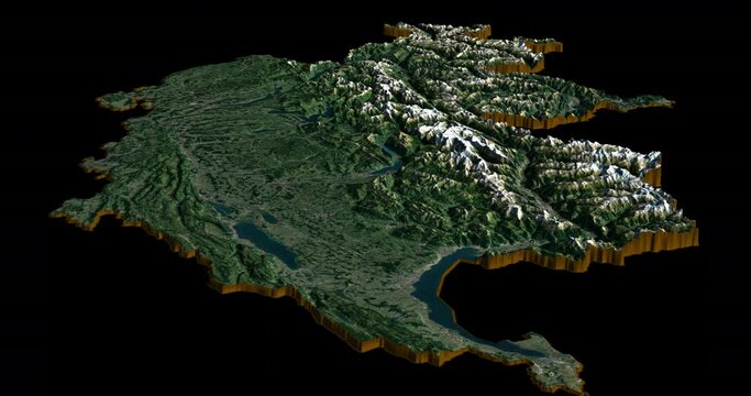 Switzerland map from west to east with 3d relief 4K satellite ground low height