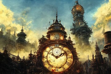 Fototapeta na wymiar fantasy architecture. ancient clock tower. steampunk city. atompunk. Concept Art Scenery. Book Illustration.
