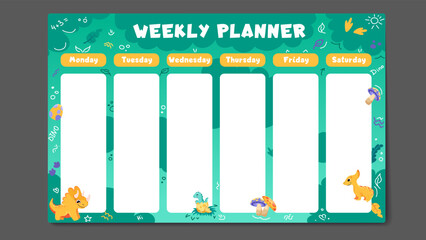 Weekly planner, back to school timetable template with cute different dinosaurs. Kids schedule design template with dinos. Vector children flat illustration